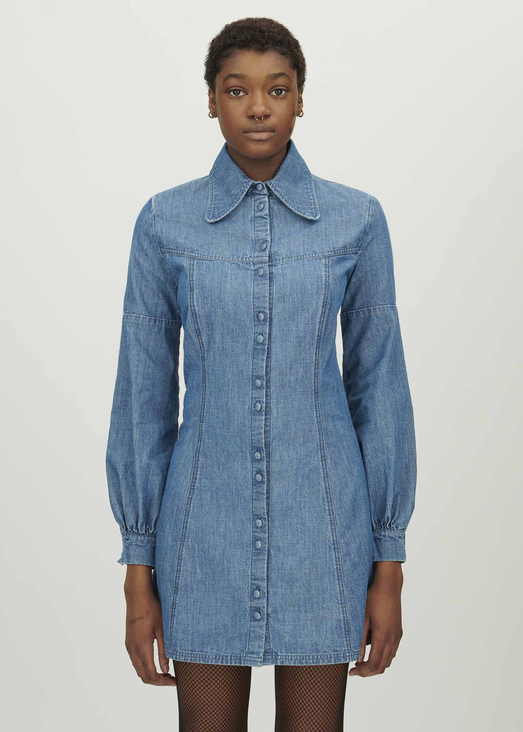 Chambray Mini Shirt Dress in Blue | Bella Freud Bella Freud US Chambray Mini Shirt Dress in Blue | Bella Freud Bella Freud US