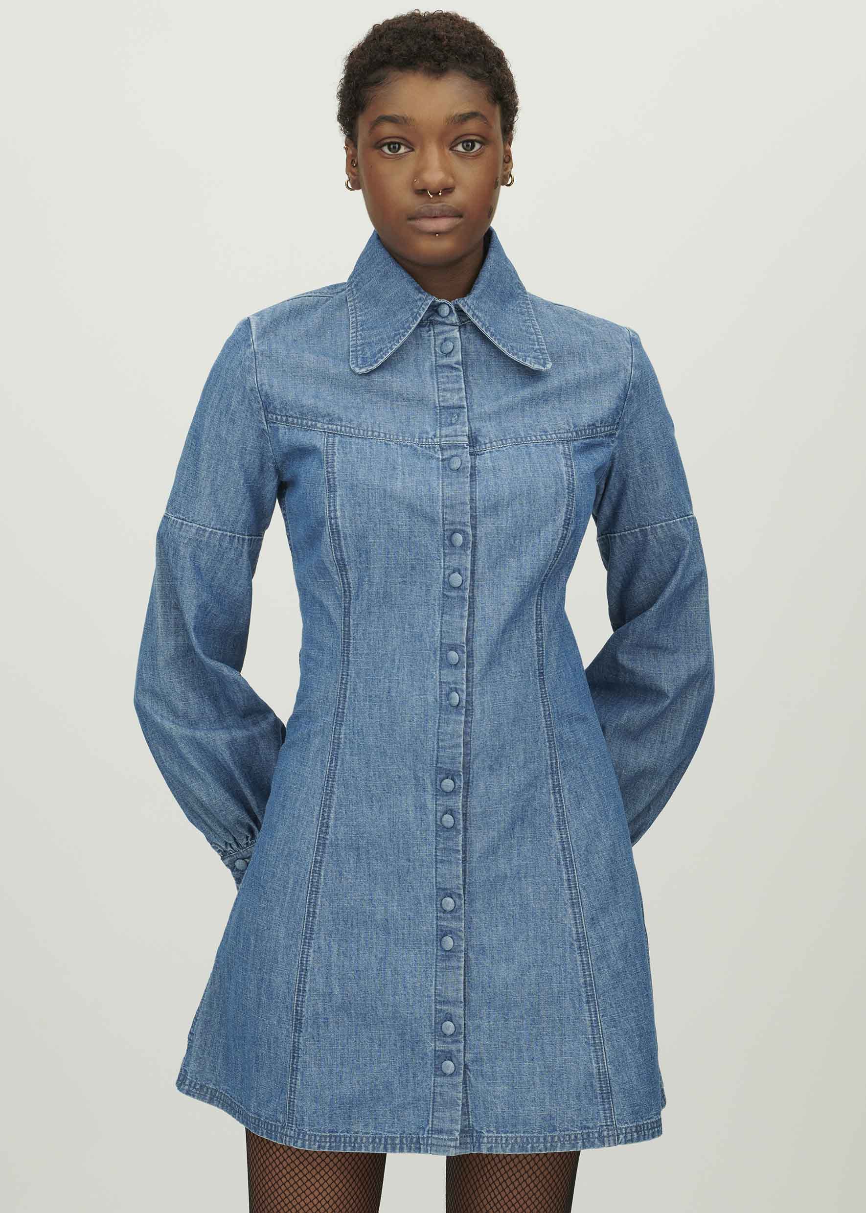 bella freud denim dress Chambray Mini Shirt Dress in Blue