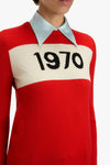 Red sweater with '1970' print on a white background