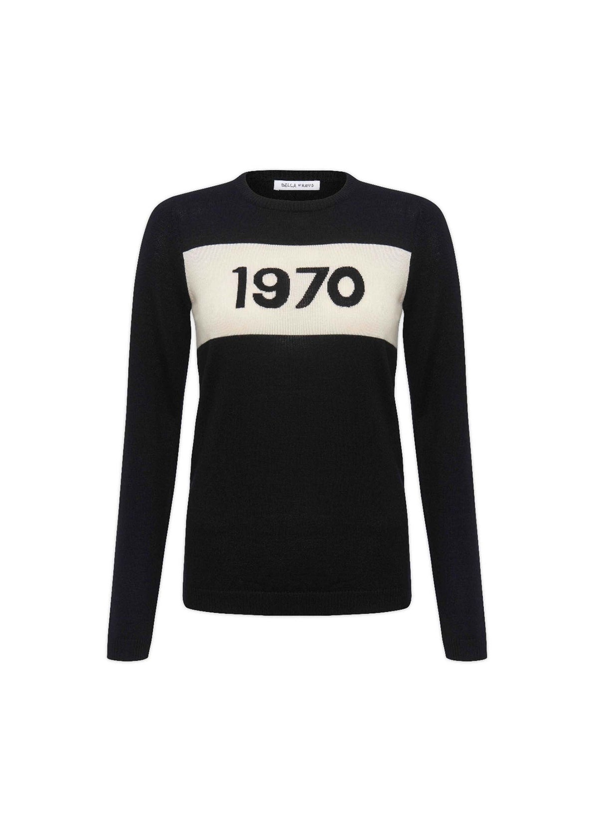 A black jumper with a white horizontal stripe featuring the numbers '1970' in bold black lettering.