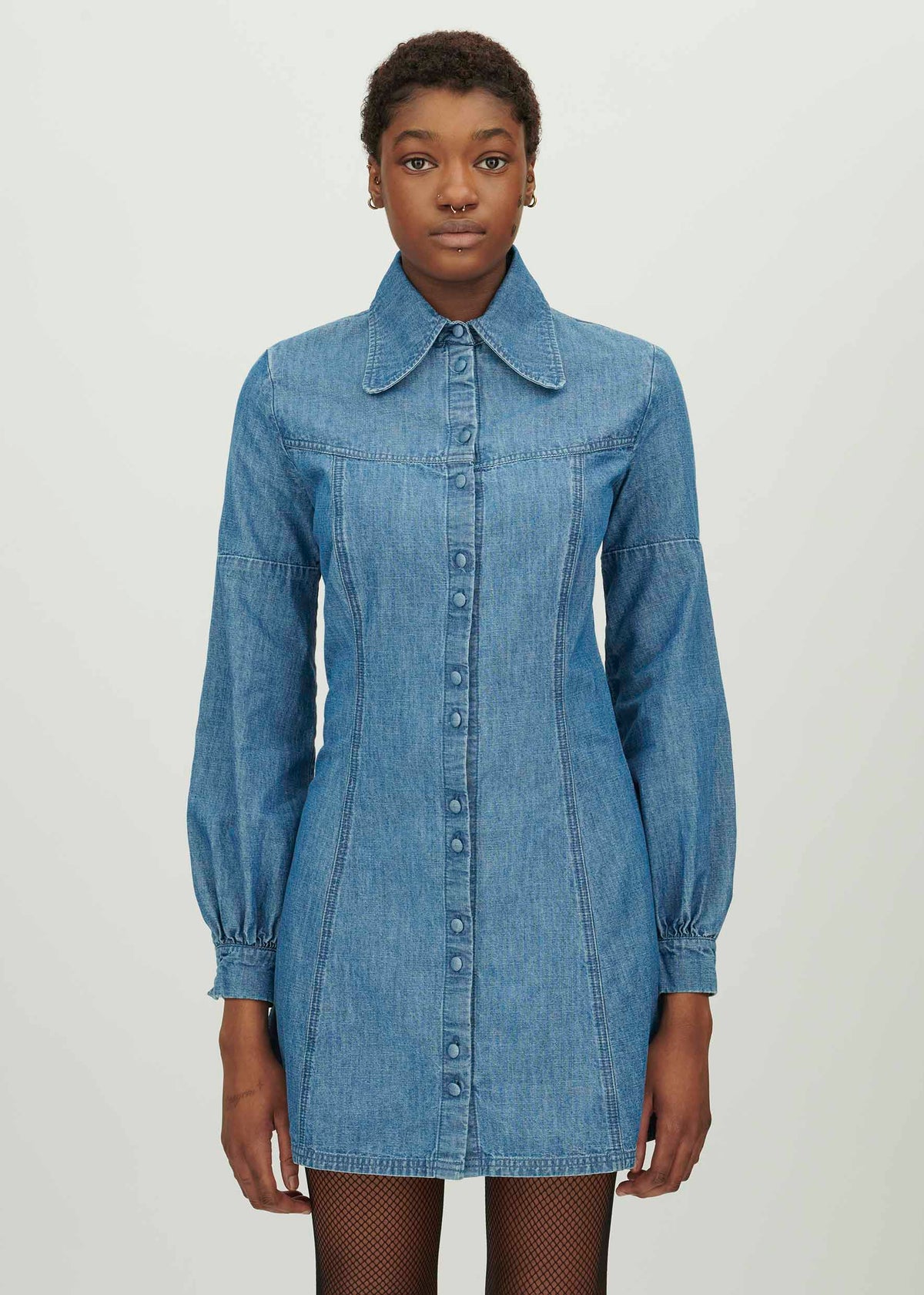 Chambray Mini Shirt Dress in Blue