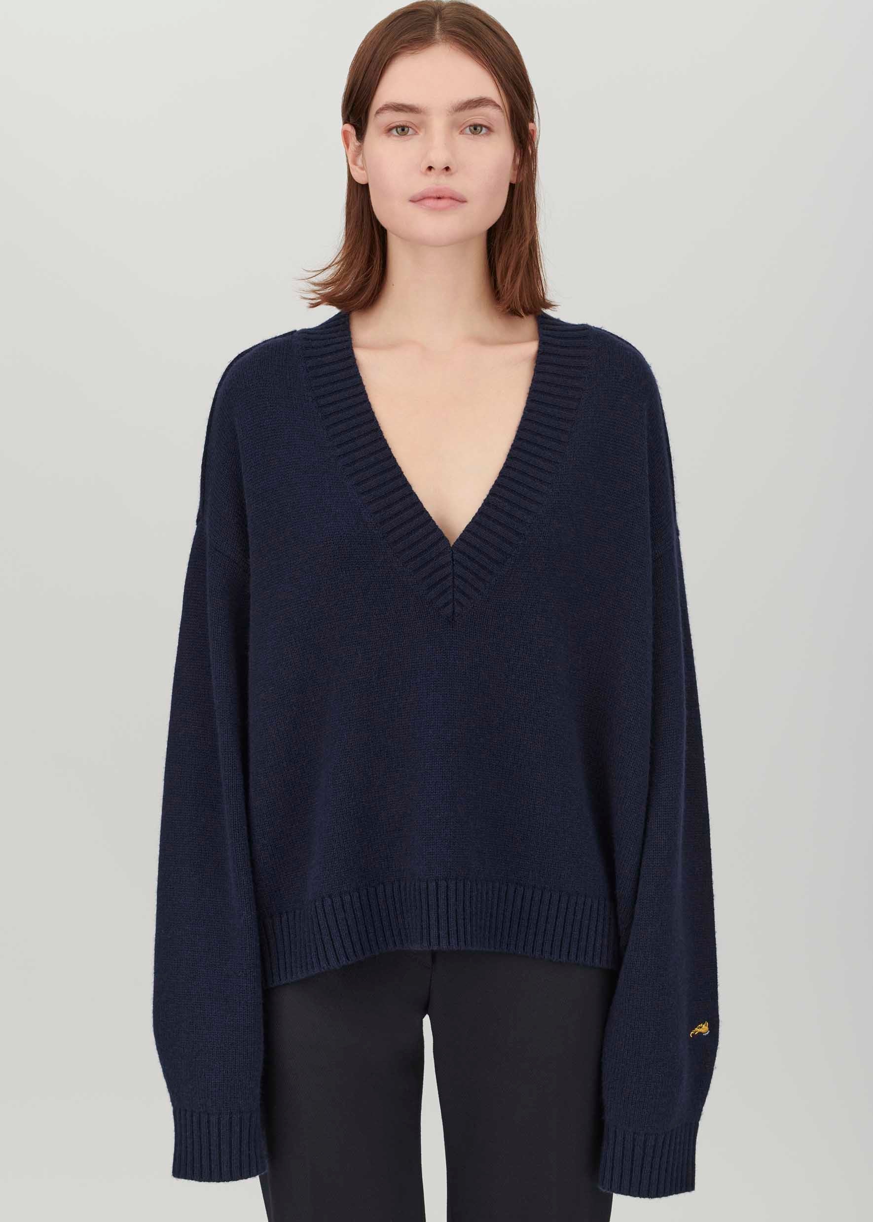 Oversized Lux V-Neck Jumper in Navy | Bella Freud – Bella