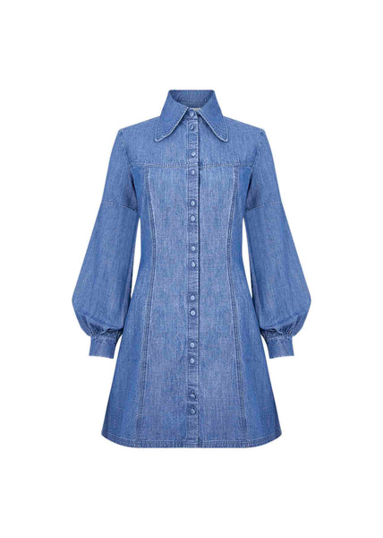 Chambray Mini Shirt Dress in Blue