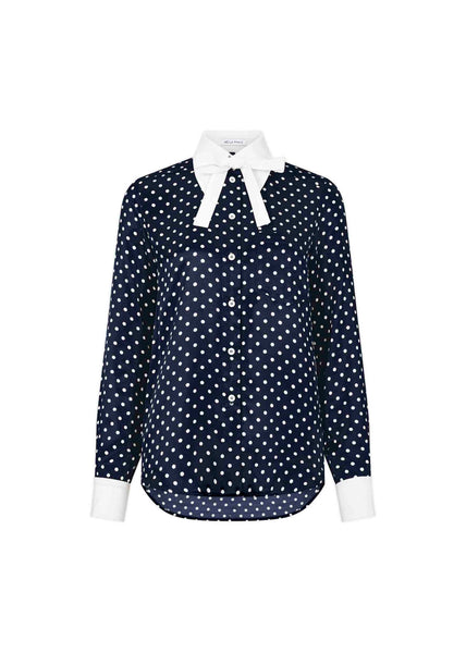 blue and white polka dot dress shirt Silk Polka Dot Minnelli Shirt in Navy